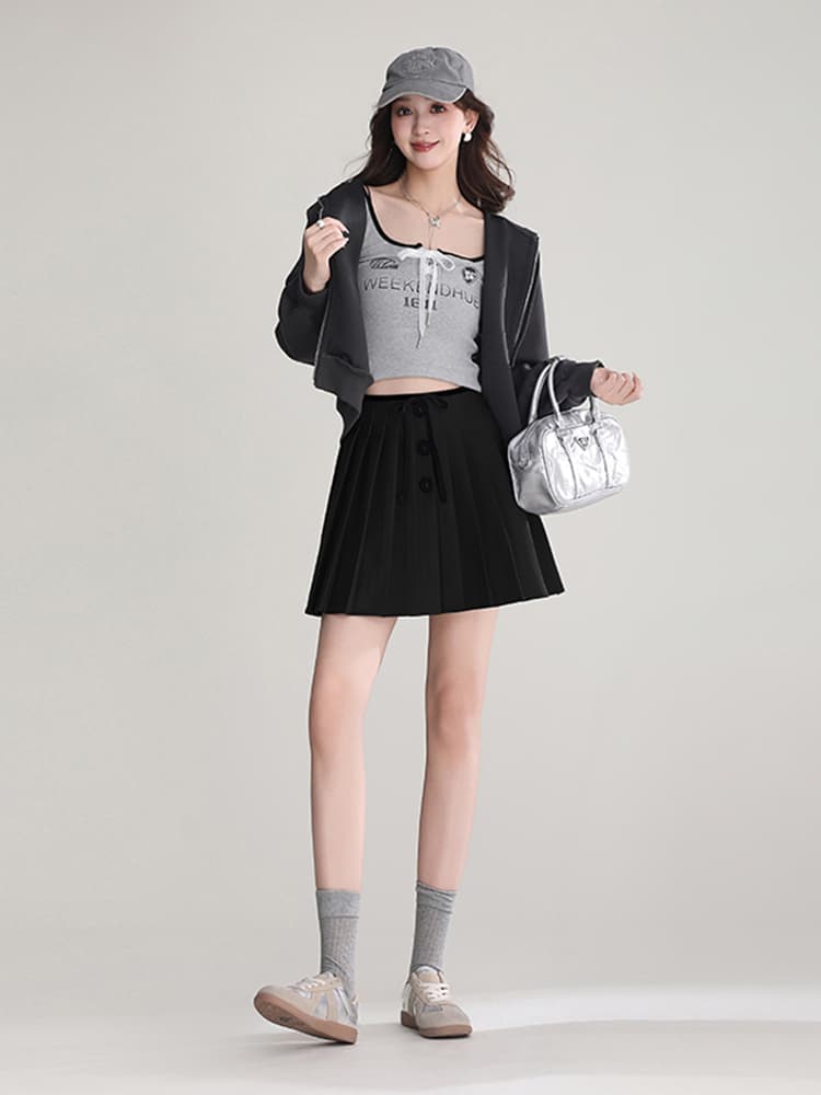 プリーツスカート 前ボタン飾り細プリーツミニスカート