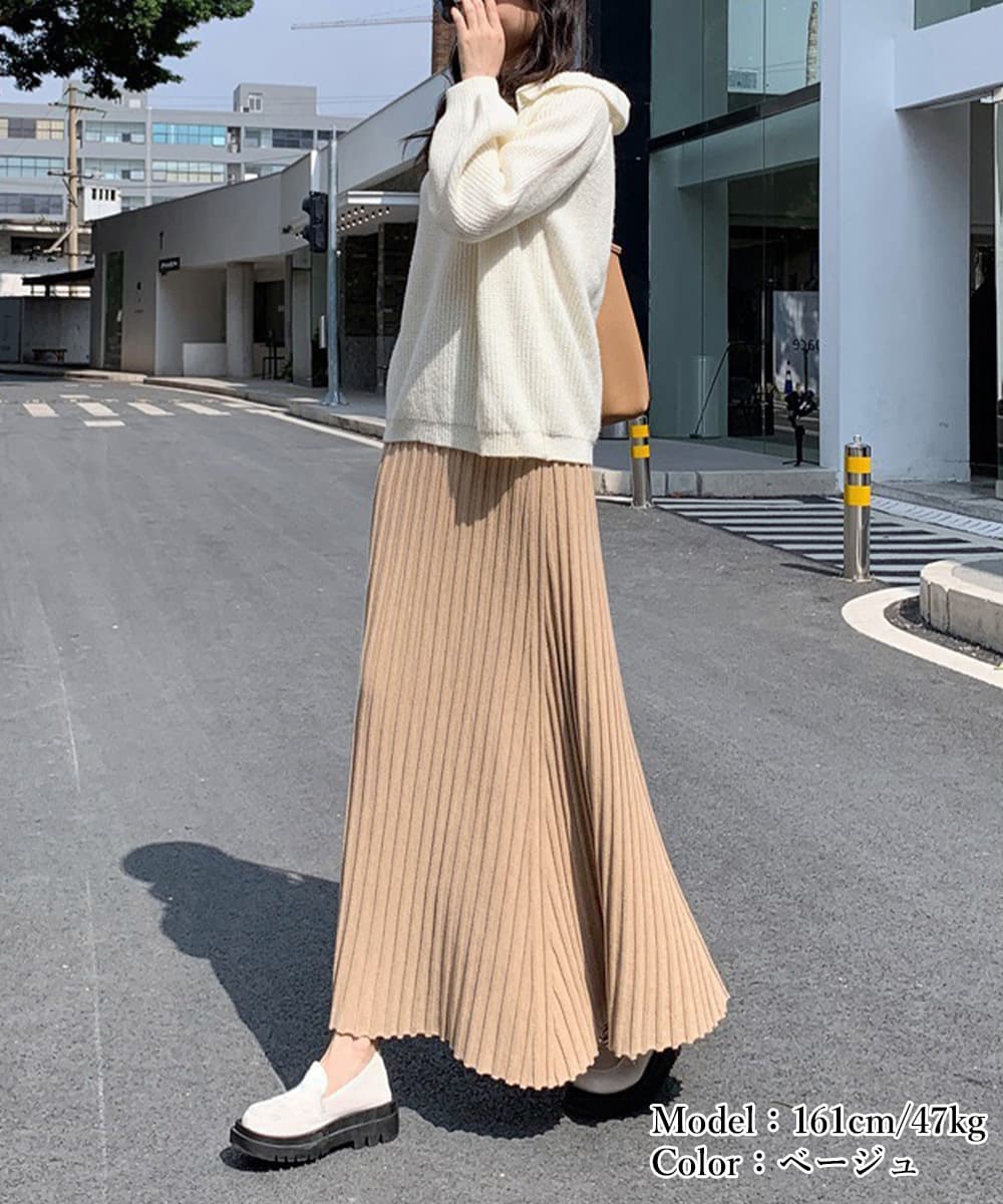 プリーツスカート ニット素材 秋冬ロング丈