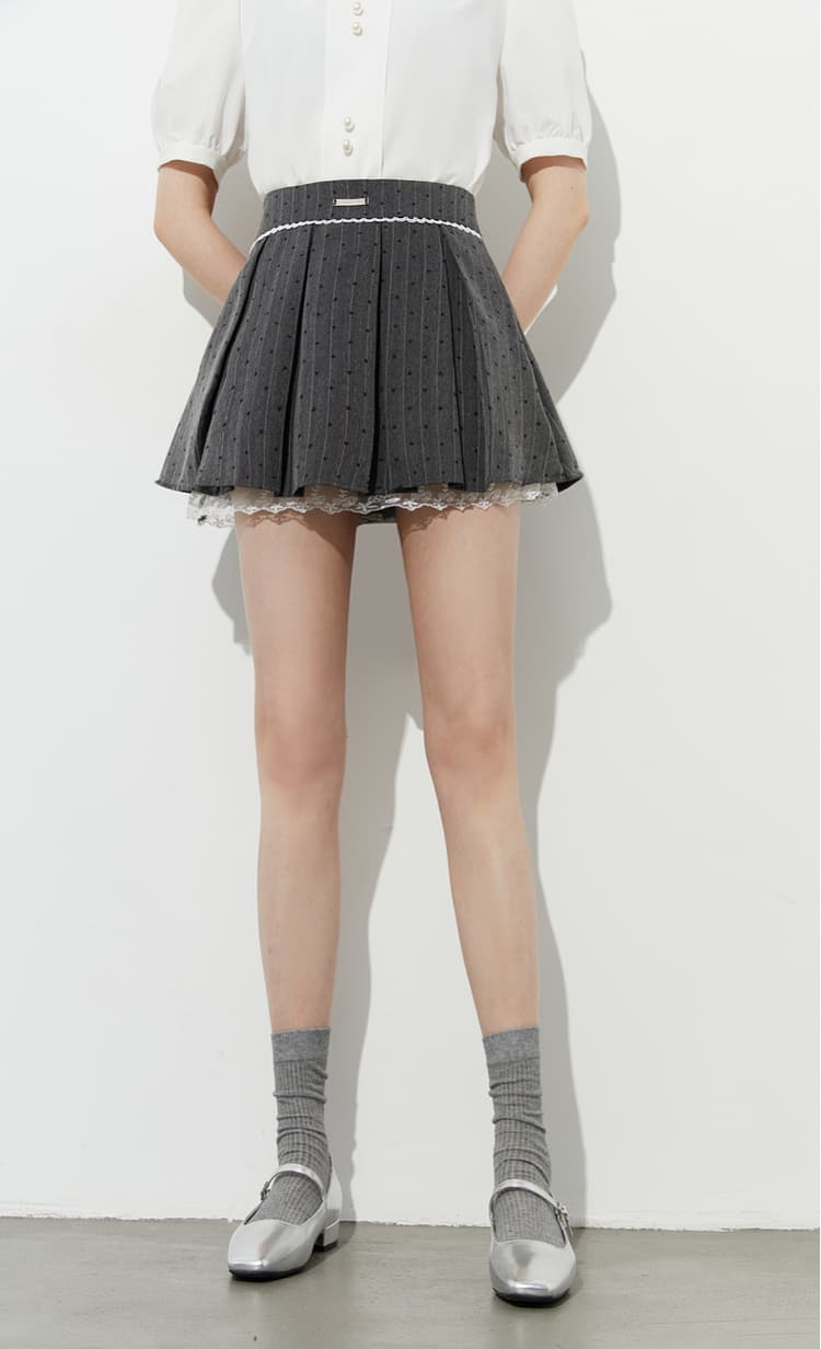 プリーツスカート リボン付き水玉ストライププリーツミニ