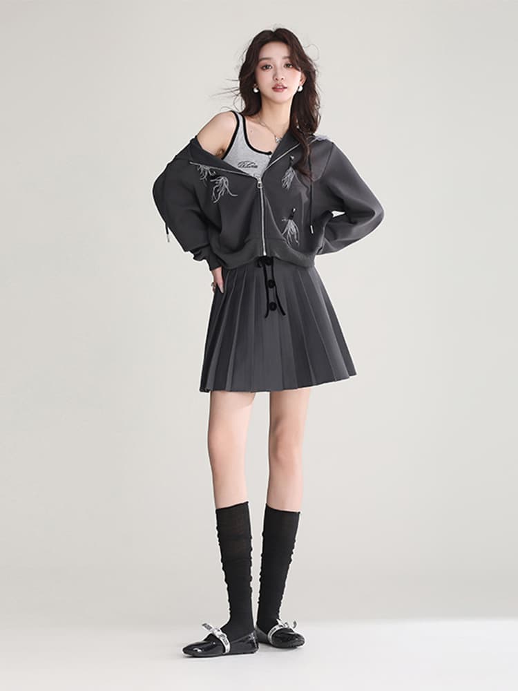 プリーツスカート 前ボタン飾り細プリーツミニスカート