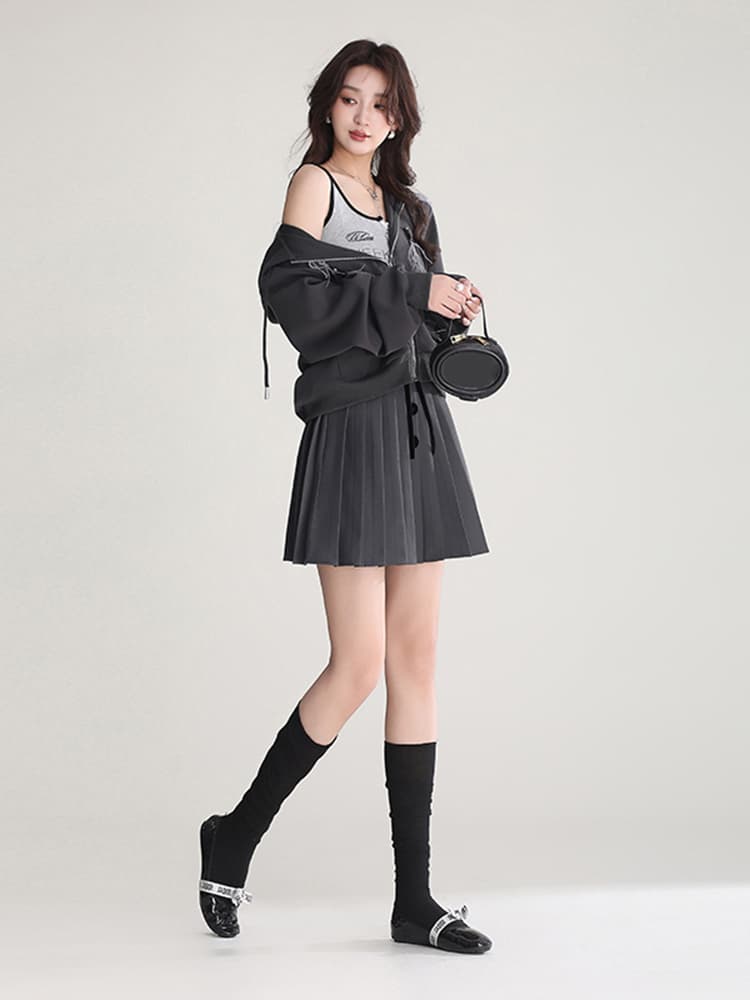 プリーツスカート 前ボタン飾り細プリーツミニスカート