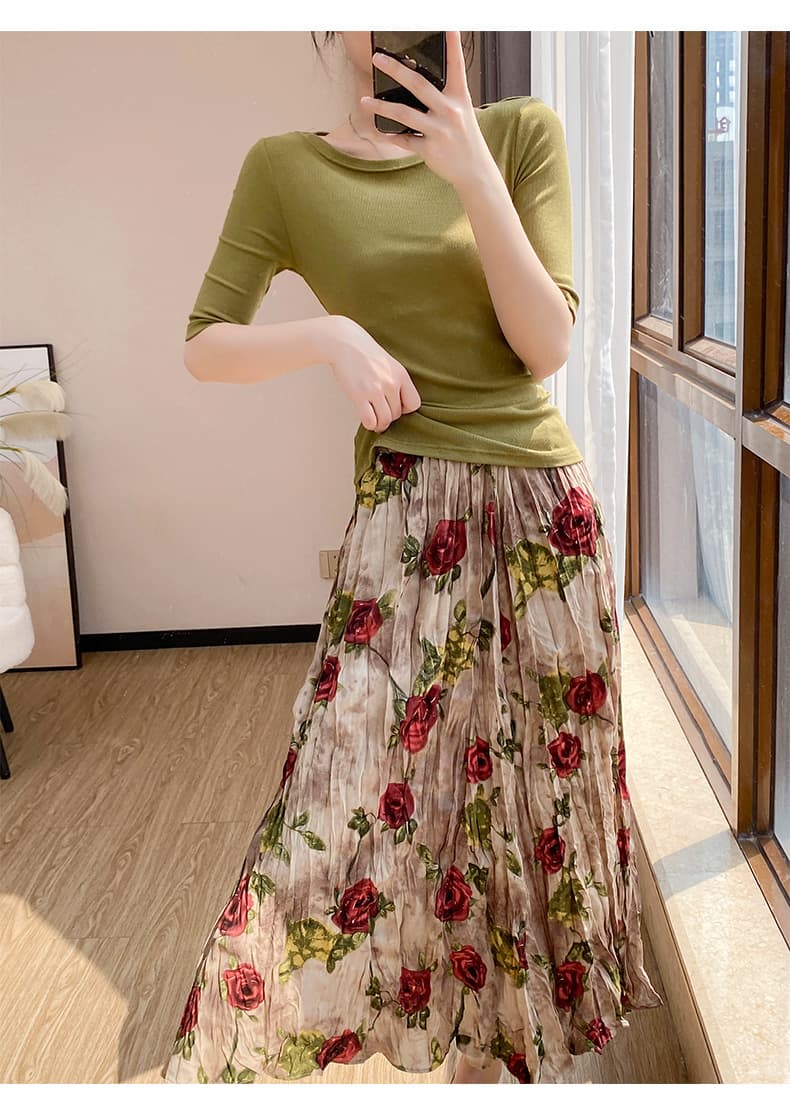 プリーツスカート 花柄プリーツロングスカート