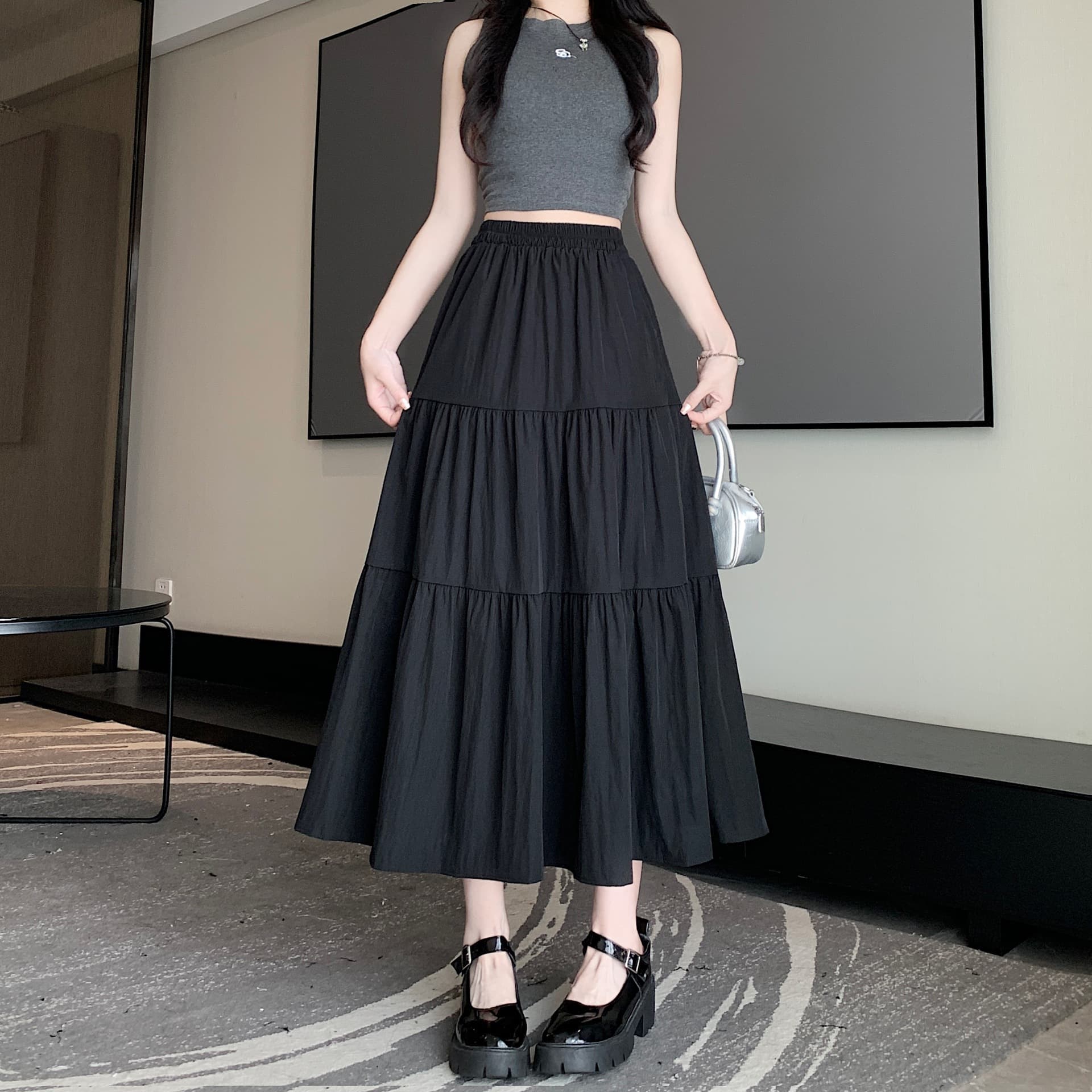 プリーツスカート 三段ティアードプリーツロングスカート
