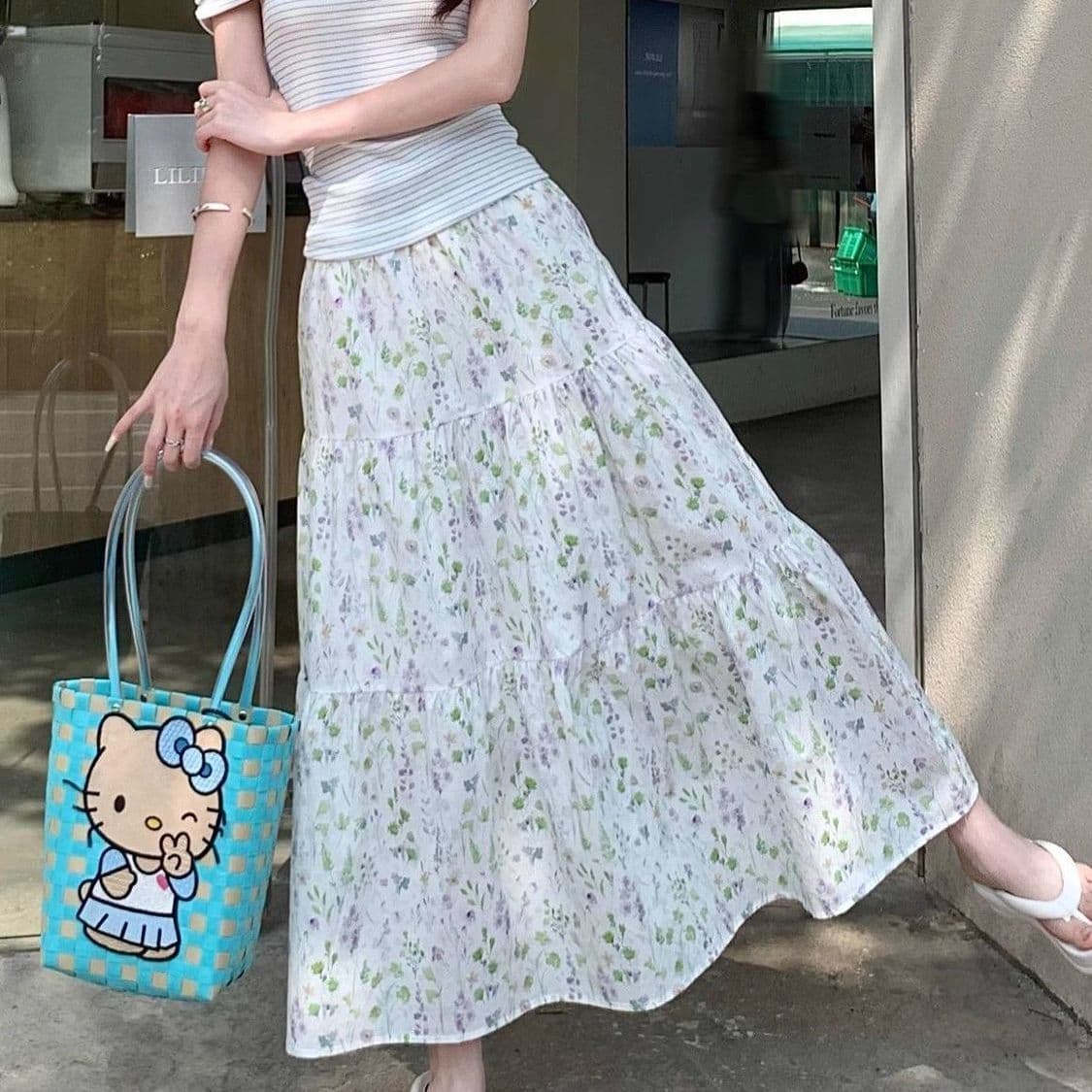 プリーツスカート 花園ティアードプリーツロングスカート