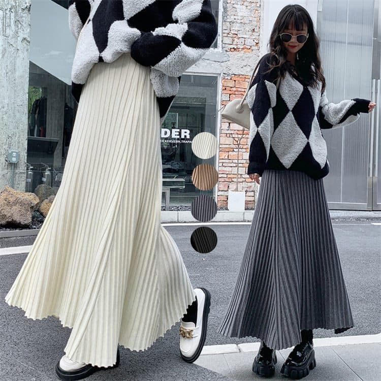 ニットプリーツスカート ロング丈 大人可愛い ふんわり 通勤