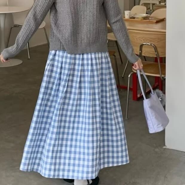 プリーツスカート 格子柄ふんわりプリーツロングスカート