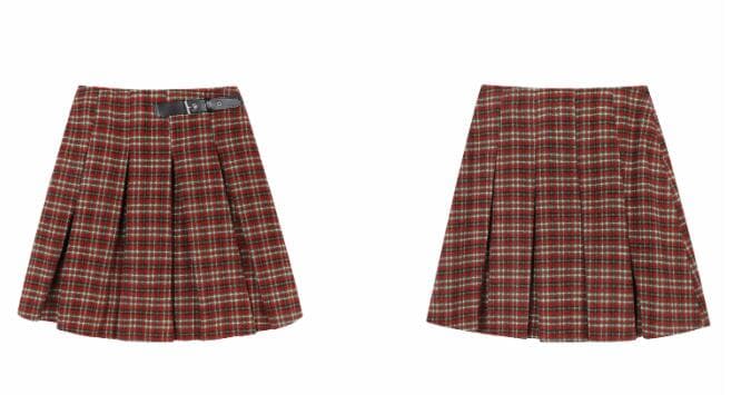 チェック柄プリーツスカート ハイウエスト膝丈