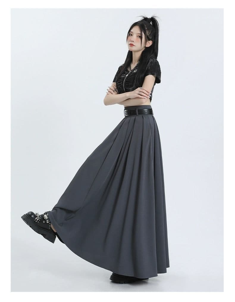 プリーツスカート ベルト付き優美プリーツロングスカート