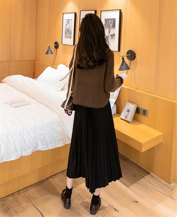 秋冬新作 上品無地ニットプリーツスカート ロング丈