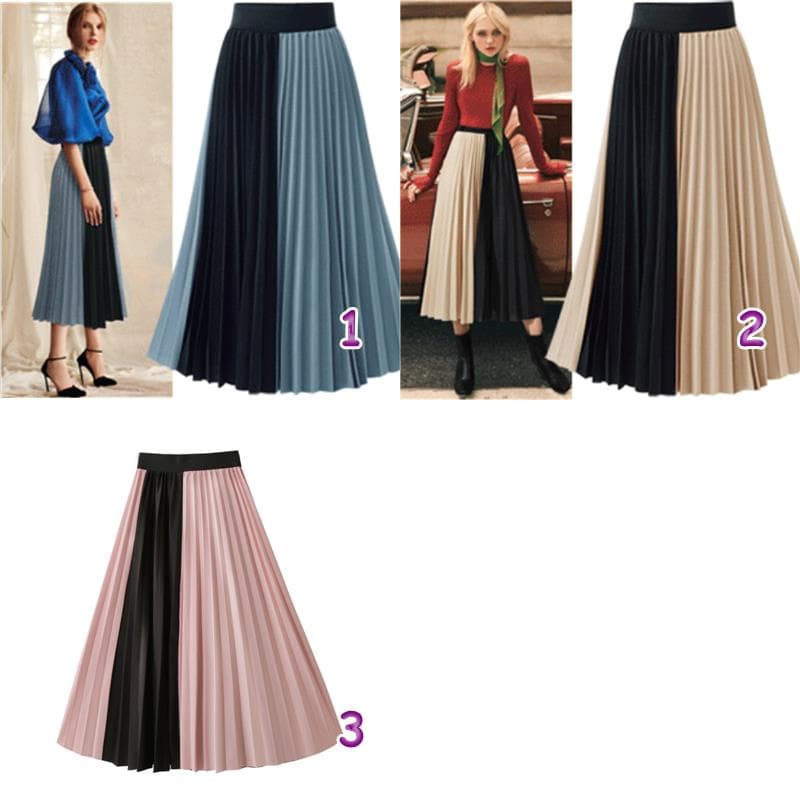 ハイウエストプリーツスカート ウエストゴム ロング丈 3色展開