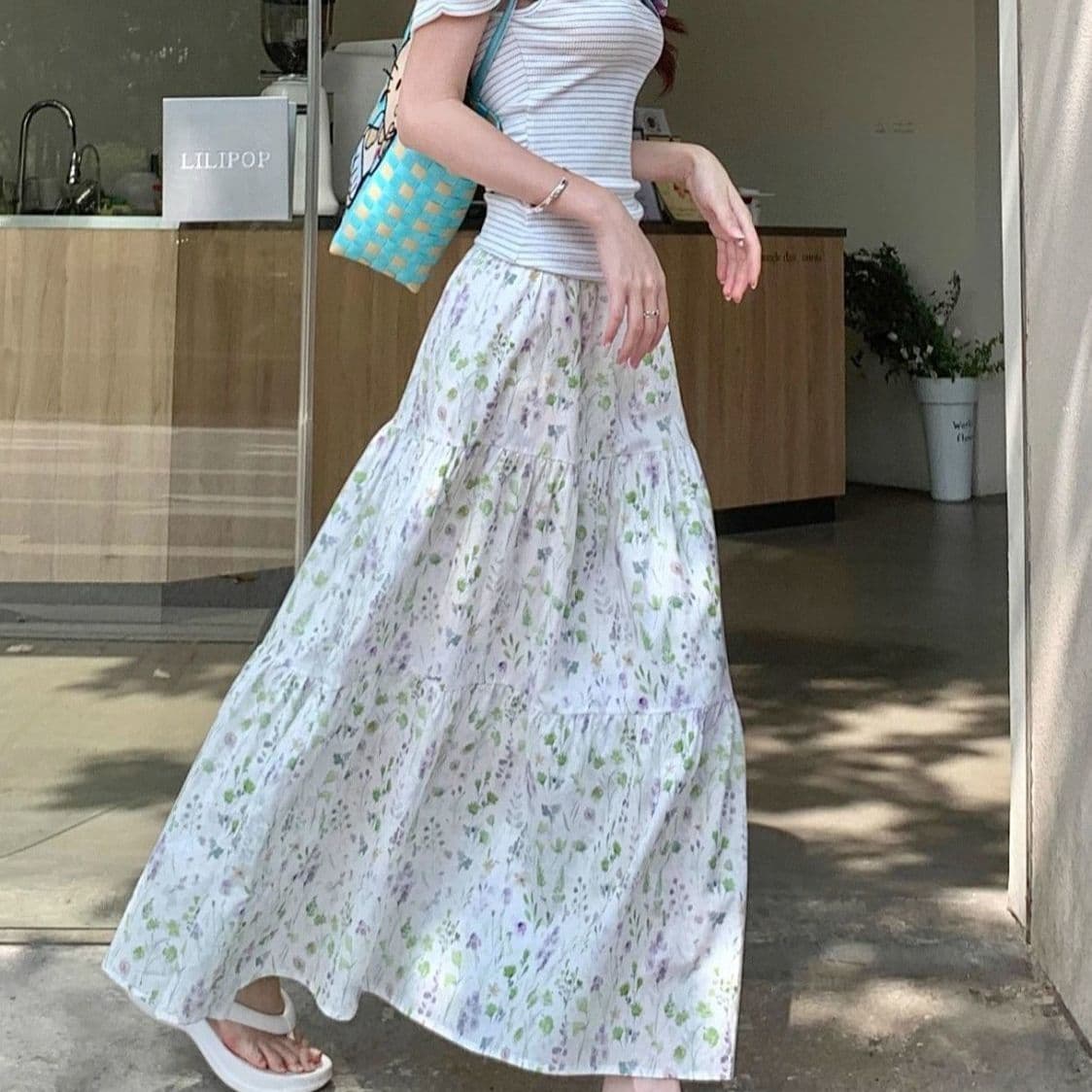 プリーツスカート 花園ティアードプリーツロングスカート