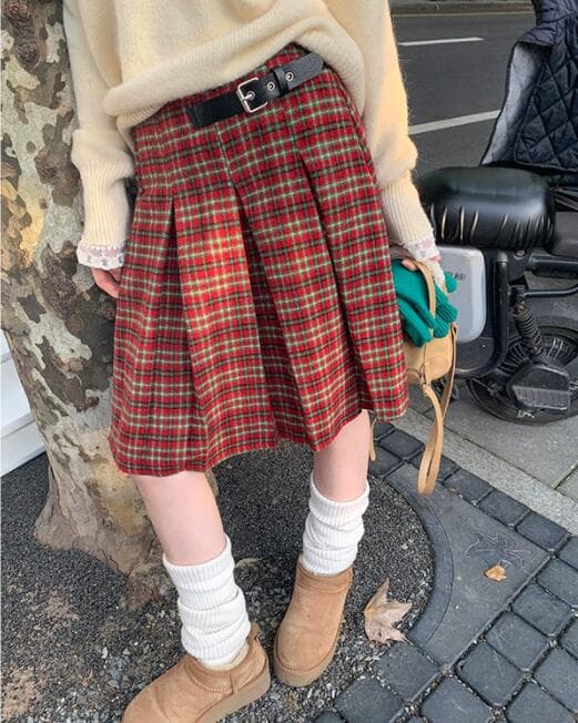 チェック柄プリーツスカート ハイウエスト膝丈