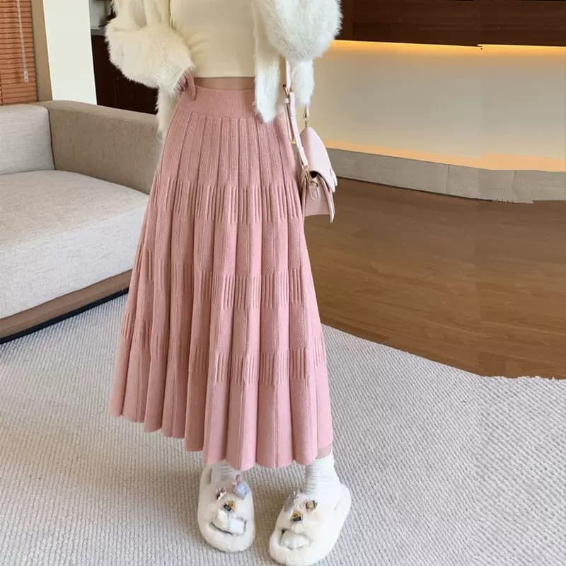 プリーツスカート 立体感のあるニットプリーツロングスカート
