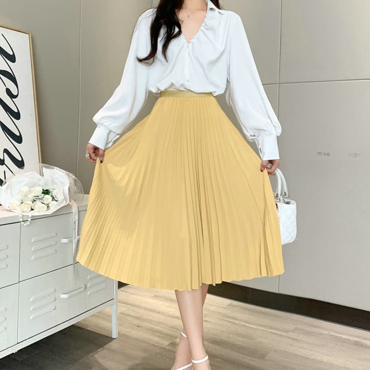 春夏新作ハイウエストプリーツスカート膝丈着回し