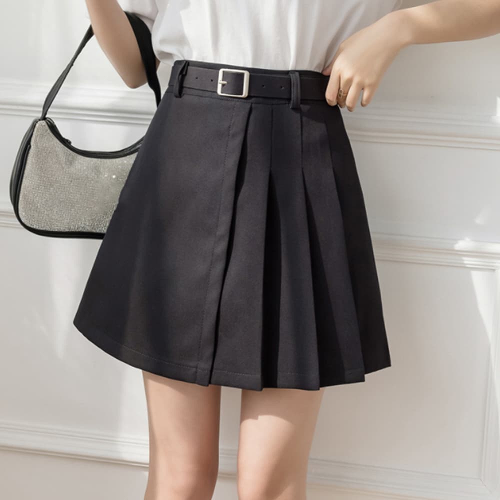 ベルト付きボックスプリーツミニスカート