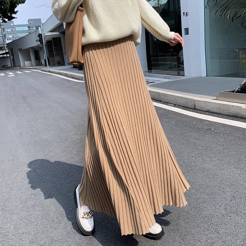 ニットプリーツスカート ロング丈 大人可愛い ふんわり 通勤