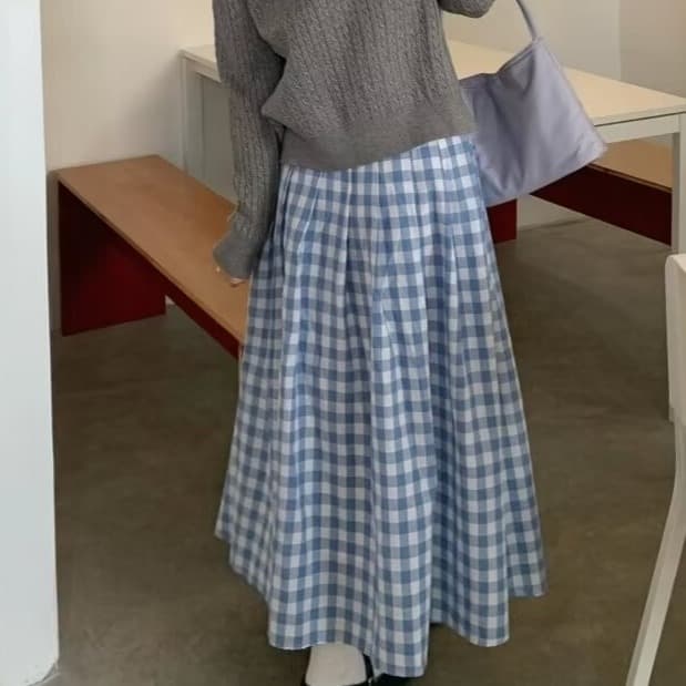 プリーツスカート 格子柄ふんわりプリーツロングスカート