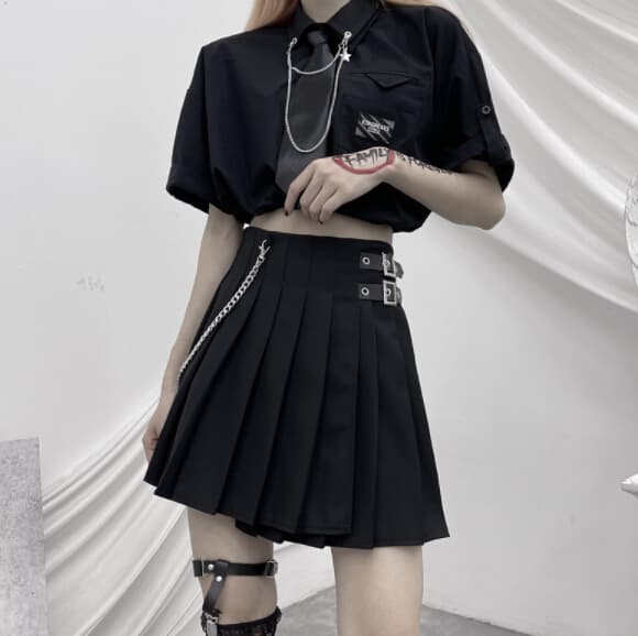 秋冬ハイウェストプリーツスカート黒ミニ丈