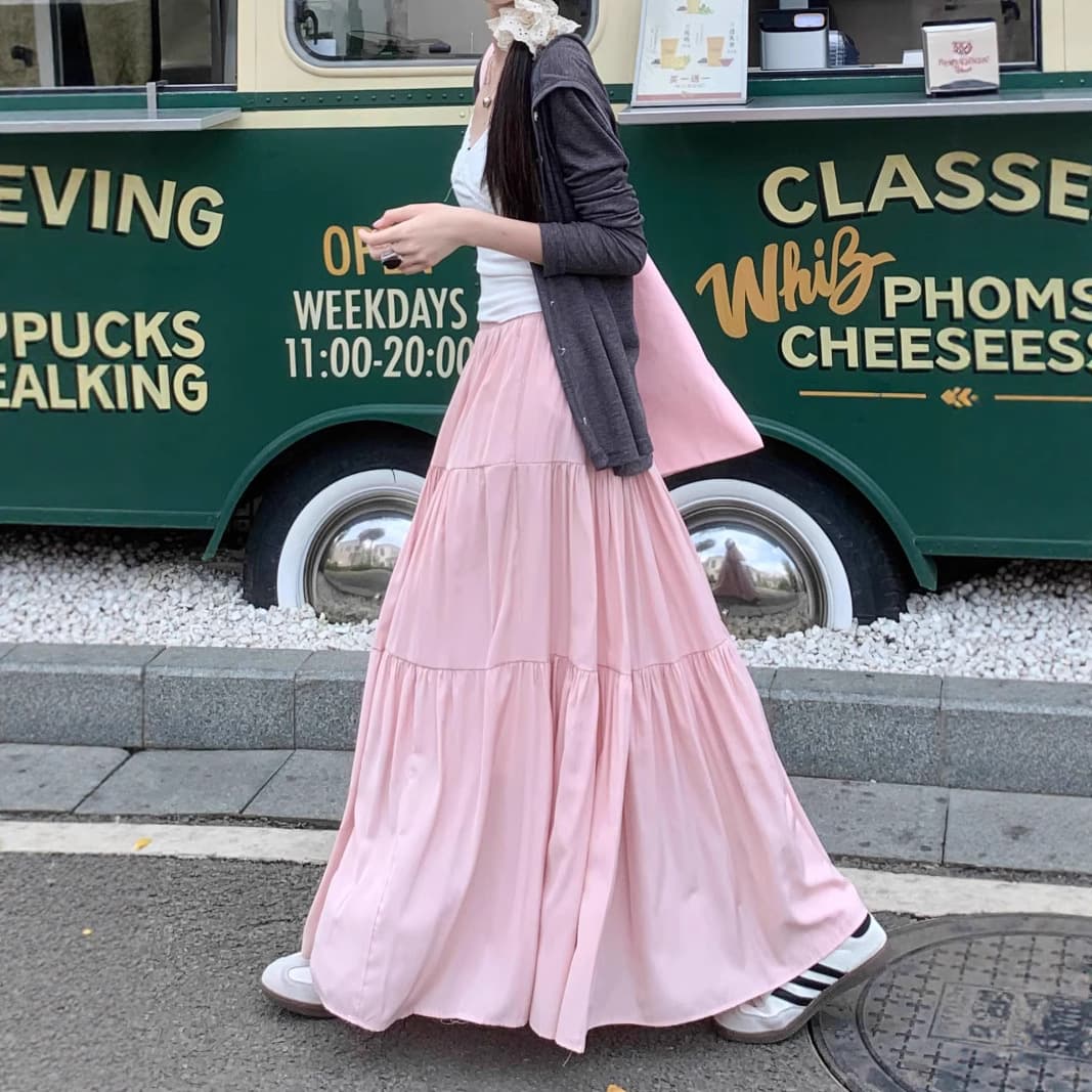 プリーツスカート 段々ティアードプリーツロングスカート