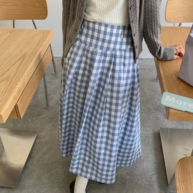 プリーツスカート 格子柄ふんわりプリーツロングスカート