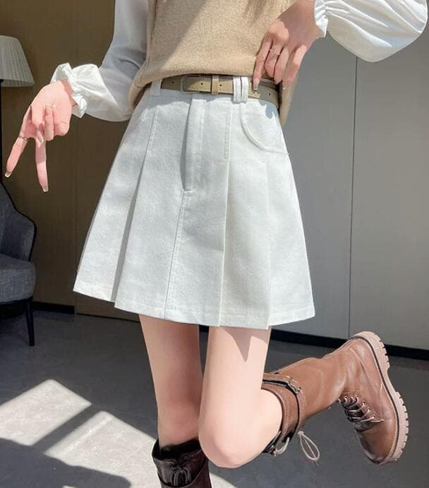 プリーツスカート ハイウエストプリーツミニスカート白色