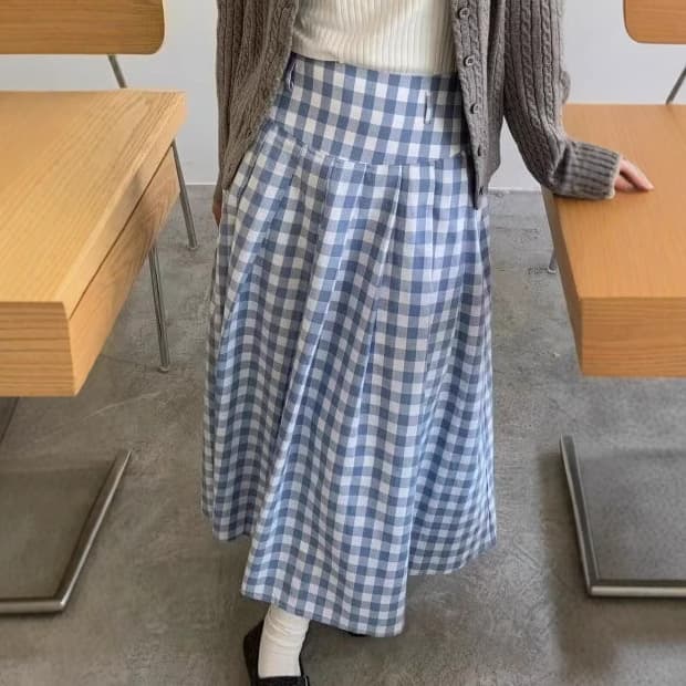 プリーツスカート 格子柄ふんわりプリーツロングスカート