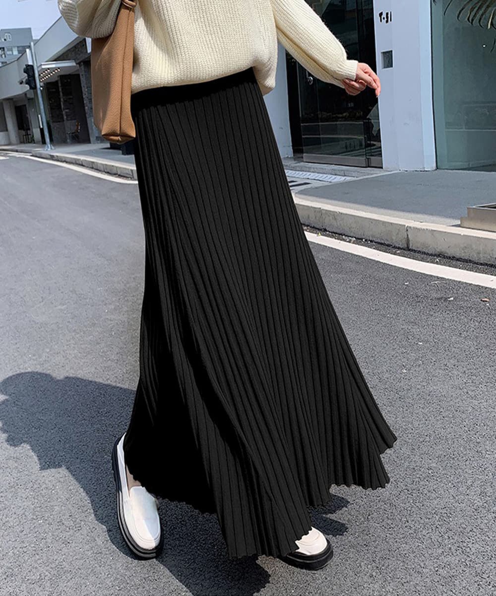 プリーツスカート ニット素材 秋冬ロング丈