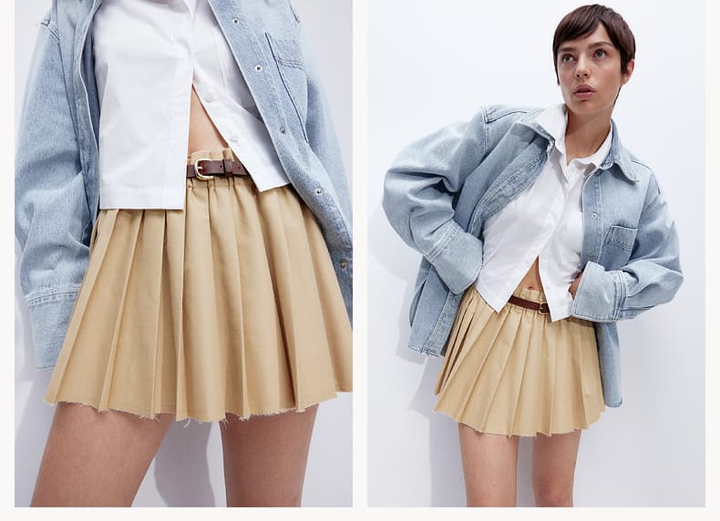 プリーツスカート 裾フリンジ ベルト付きプリーツミニ