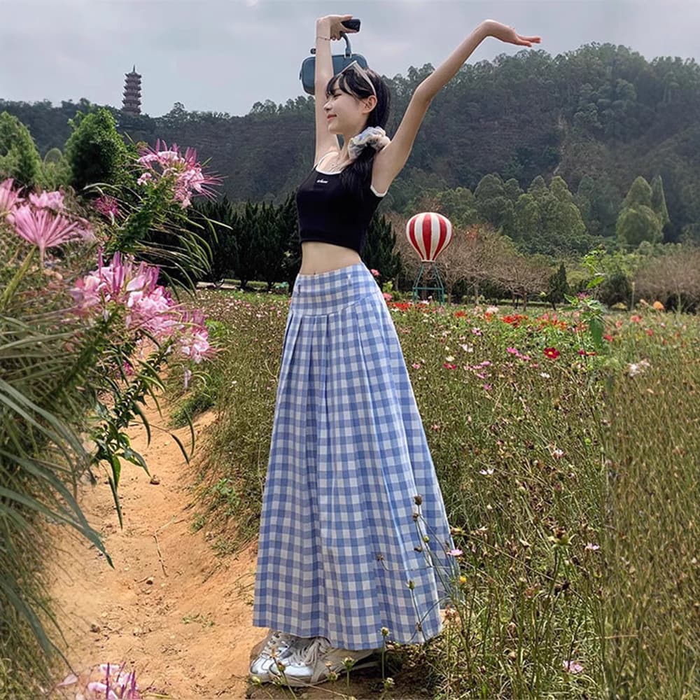 プリーツスカート 格子柄ふんわりプリーツロングスカート