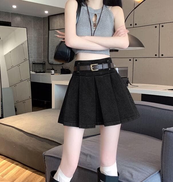 プリーツスカート デニム調ハイウエストプリーツミニスカート