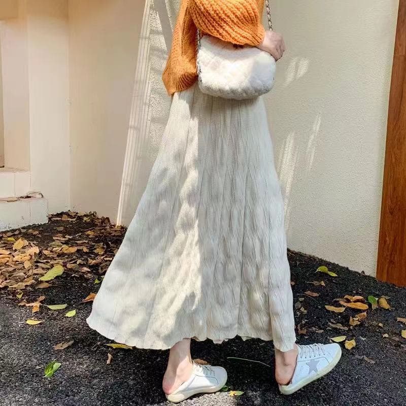 ニットプリーツスカート ロング丈 上品フレア 大人カジュアル