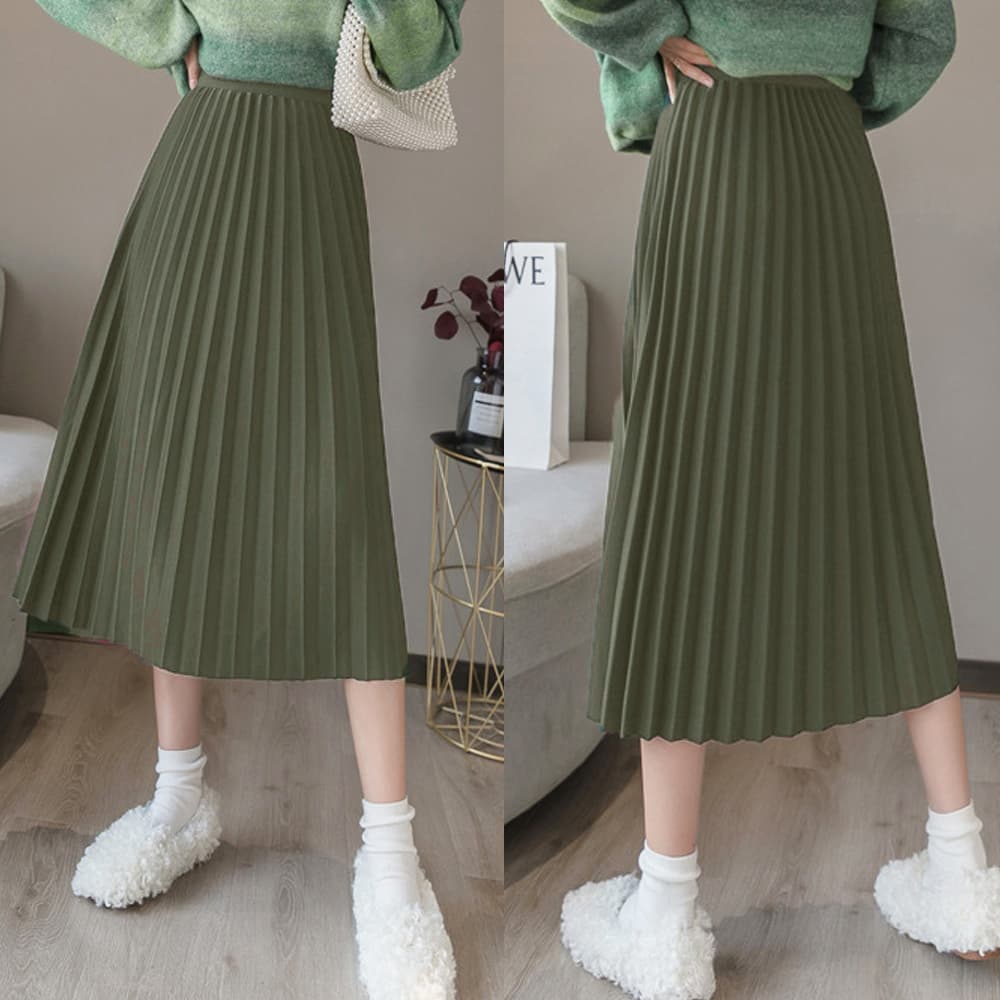 ハイウエスト プリーツスカート 着痩せ ミモレ丈 ロング