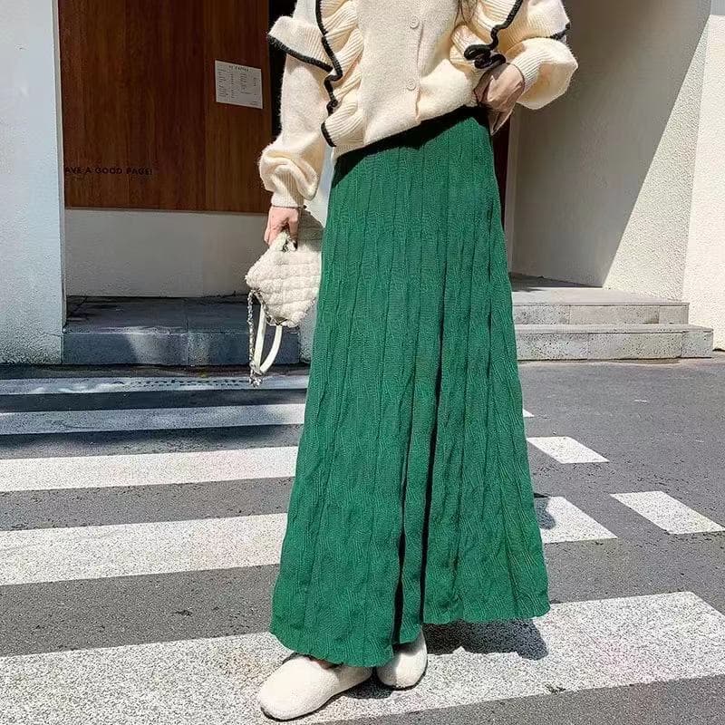ニットプリーツスカート ロング丈 上品フレア 大人カジュアル