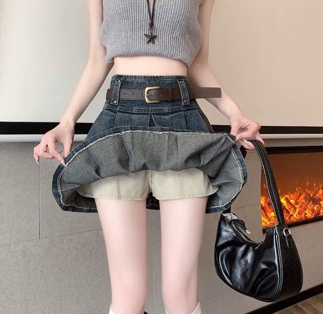プリーツスカート デニム調ハイウエストプリーツミニスカート