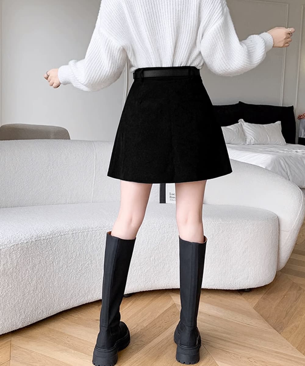 コーデュロイプリーツミニスカート ベルト付き ポケットデザイン