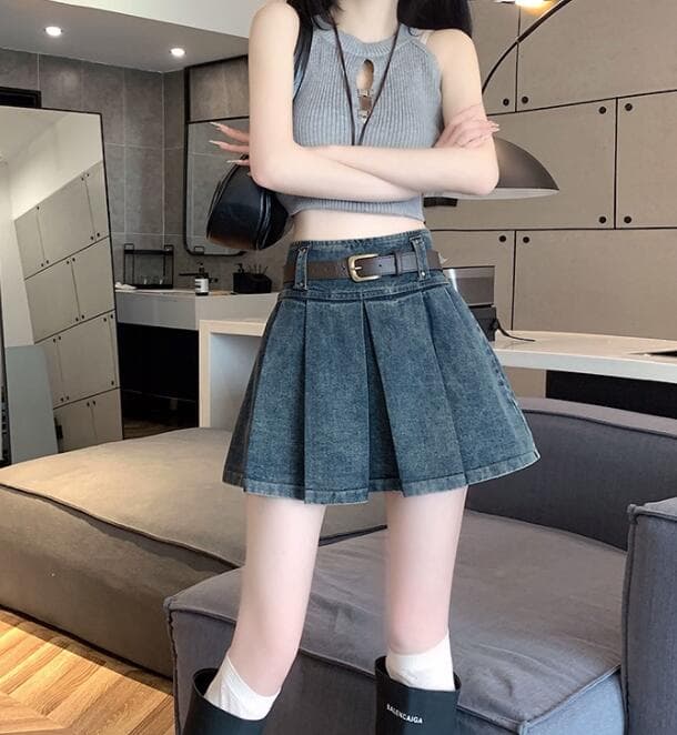 プリーツスカート デニム調ハイウエストプリーツミニスカート