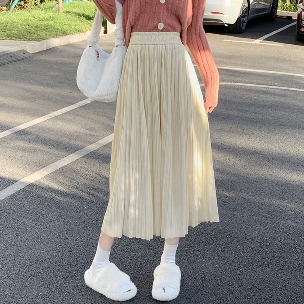 プリーツスカート ハイウエスト 着痩せ ミモレ丈 ロング