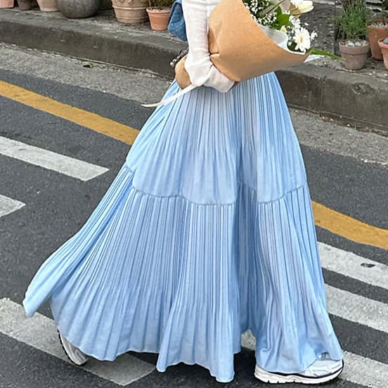 秋新作ロング丈プリーツスカート段階フレア水色