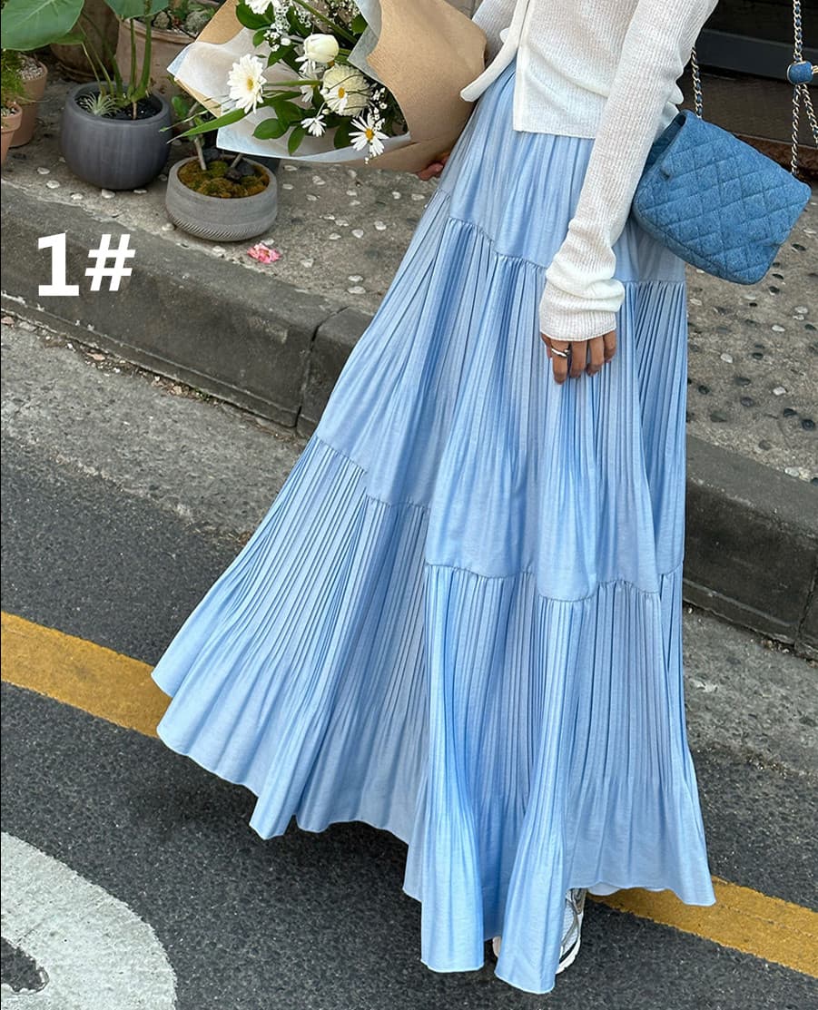 秋新作ロング丈プリーツスカート段階フレア水色