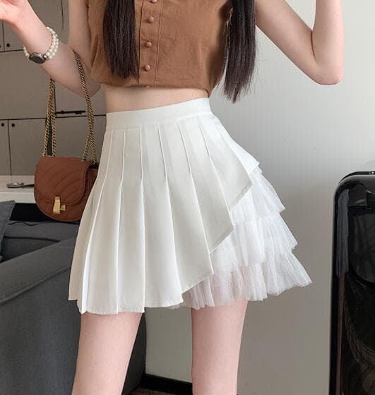 プリーツスカート 重ね着風チュール付きプリーツミニスカート