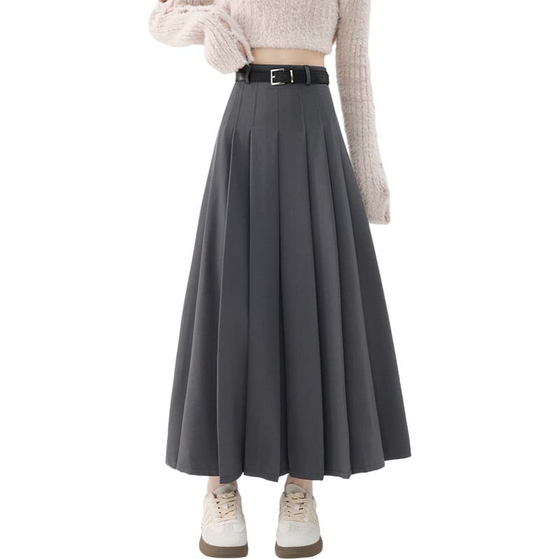 プリーツスカート ベルト付きプリーツロングスカート