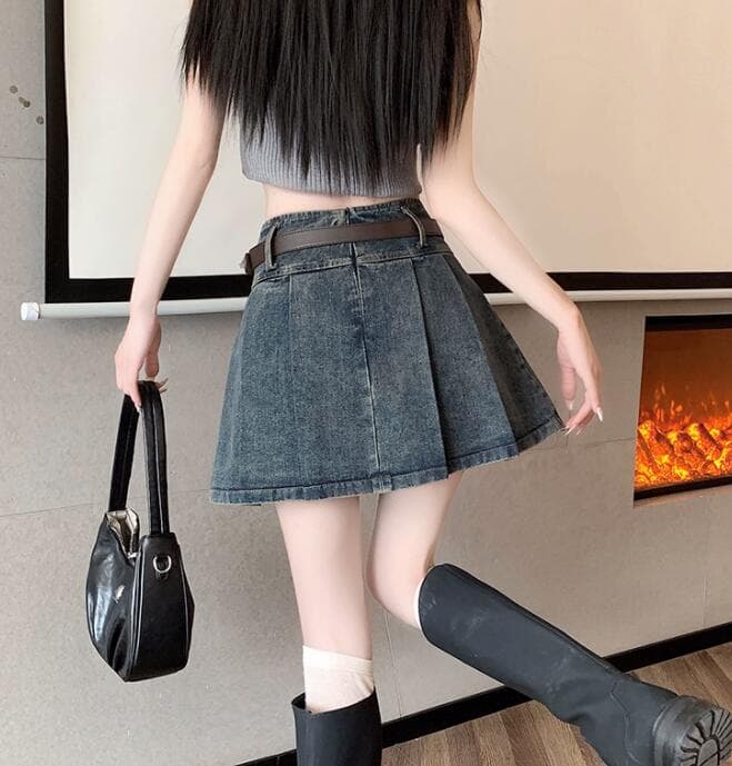 プリーツスカート デニム調ハイウエストプリーツミニスカート