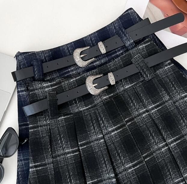 チェック柄プリーツスカート ベルト付き ミニ丈