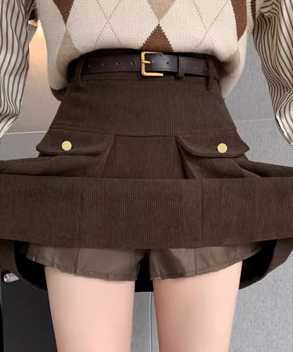 コーデュロイプリーツミニスカート ベルト付き ポケットデザイン