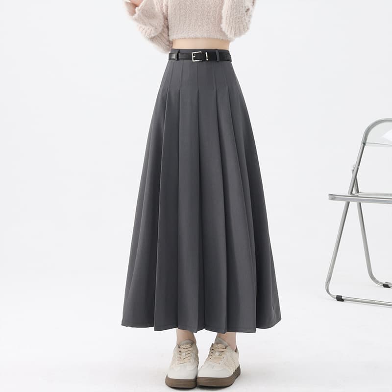 プリーツスカート ベルト付きプリーツロングスカート