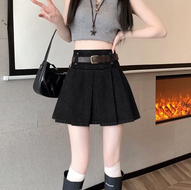 プリーツスカート デニム調ハイウエストプリーツミニスカート