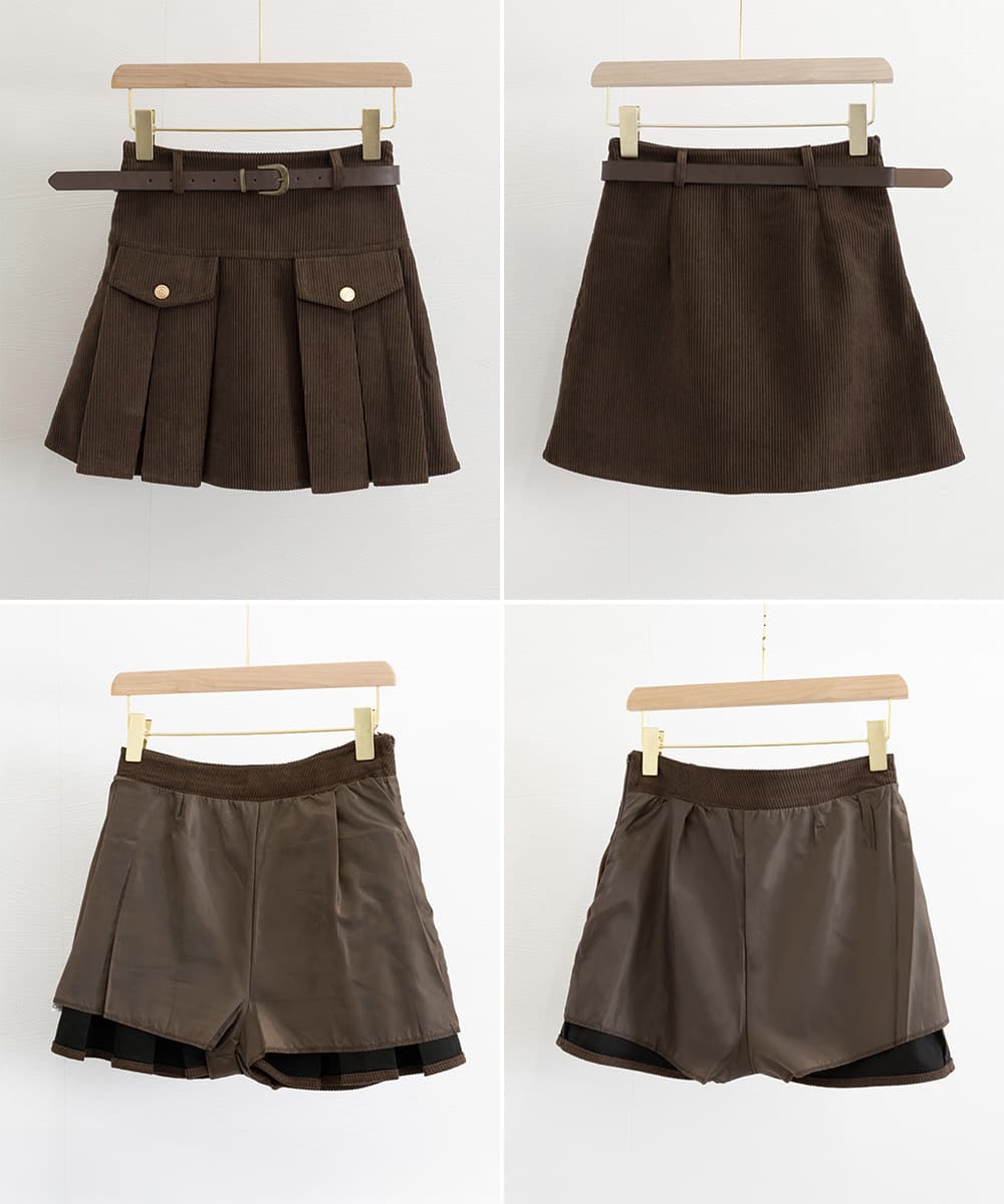 コーデュロイプリーツミニスカート ベルト付き ポケットデザイン
