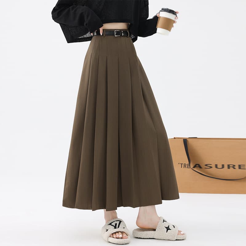 プリーツスカート ベルト付きプリーツロングスカート