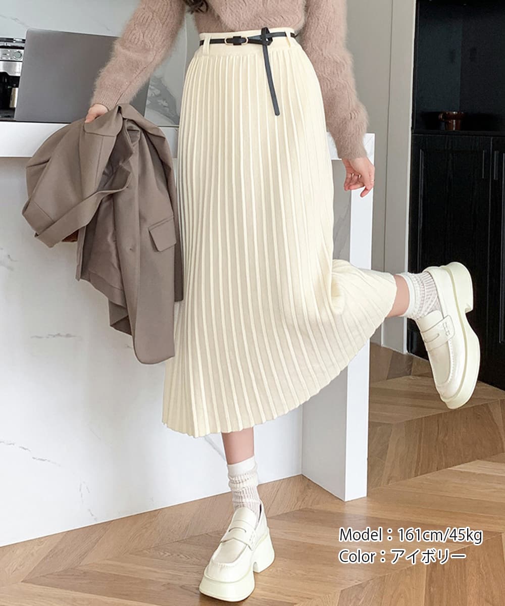 プリーツスカート ハイウエストベルト付きプリーツニットスカート