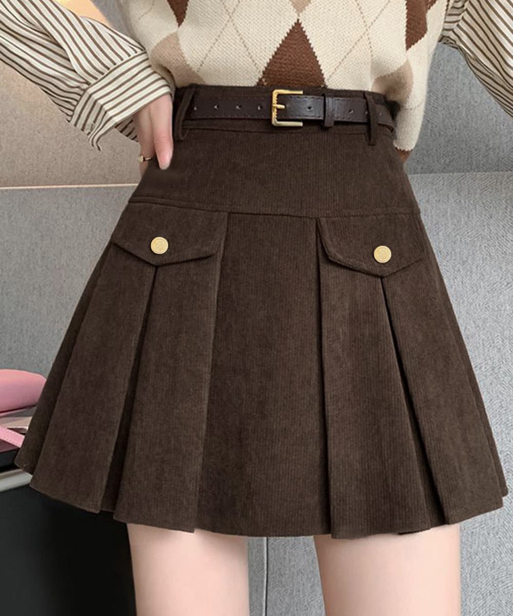 コーデュロイプリーツミニスカート ベルト付き ポケットデザイン